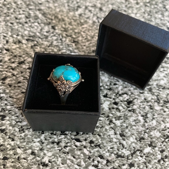 Rhodium over Sterling Cabochon Composite Turquoise and Marcasite ring Size 6 - Picture 2 of 4